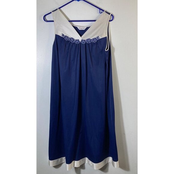 Womens Vintage Vanity Fair Nightgown Robe Set Navy White M Nylon Antron - Picture 2 of 11